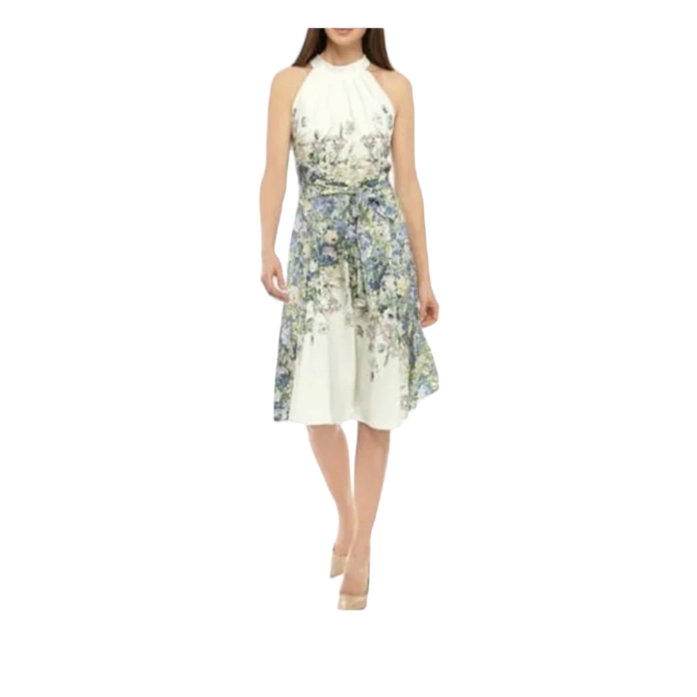 DN Designs Curvy Women's Halter Floral Tie Waist Dress